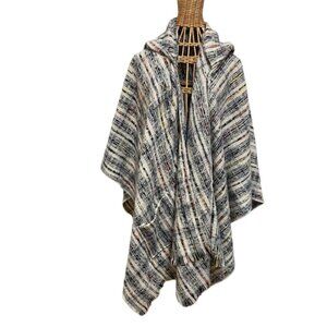 Knit poncho/cape with hood, Beige and black. Once size fits all.